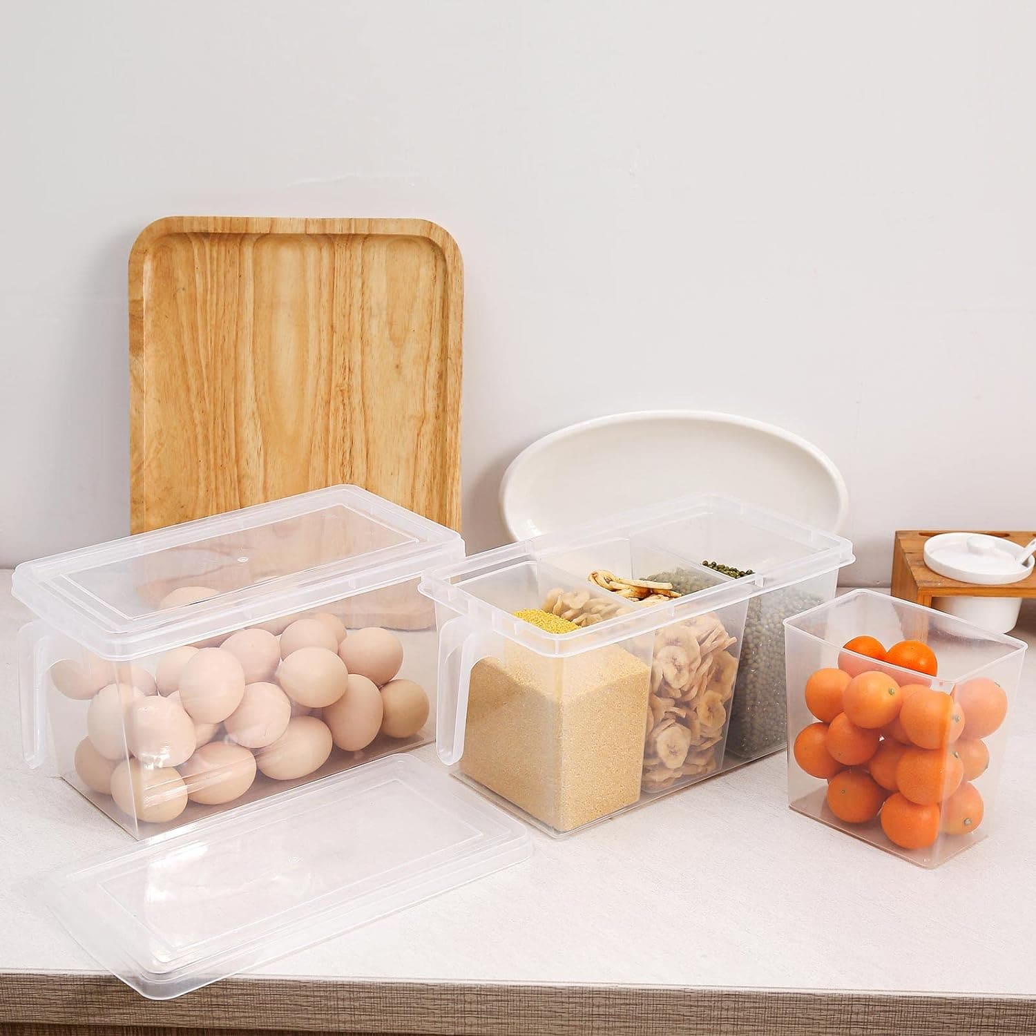 Transparent 3 Section Food Storage Box, Square Handle Food Storage Container, Plastic Divided Kitchen Organizer Bin, Multipurpose Fridge Storage Boxes with Lid and 3 Bins Transparent 3 Section Food Storage Box, Square Handle Food Storage Container, Plastic Divided Kitchen Organizer Bin, Multipurpose Fridge Storage Boxes with Lid and 3 Bins
